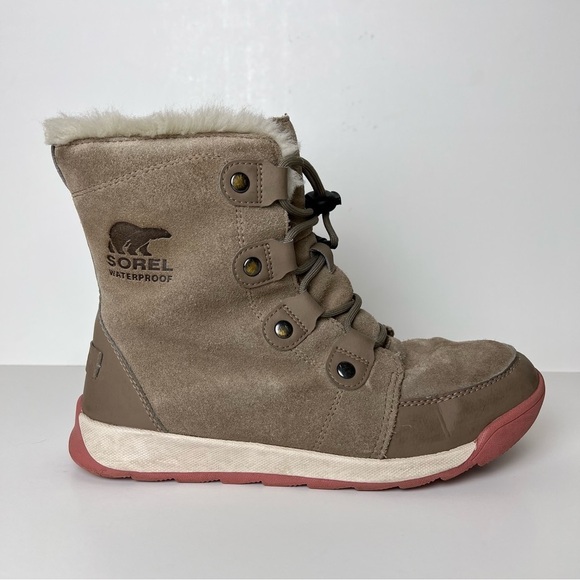 Sorel Waterproof Suede Boots Faux Fur Brown Pink Women's 6 Lace Up Outdoor Snow - Picture 1 of 16